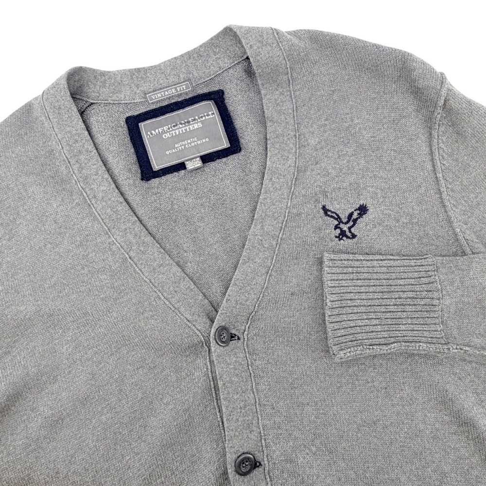 American Eagle Cardigan Mens XL Gray Wool Blend Elbow Patch V-Neck Button Up
